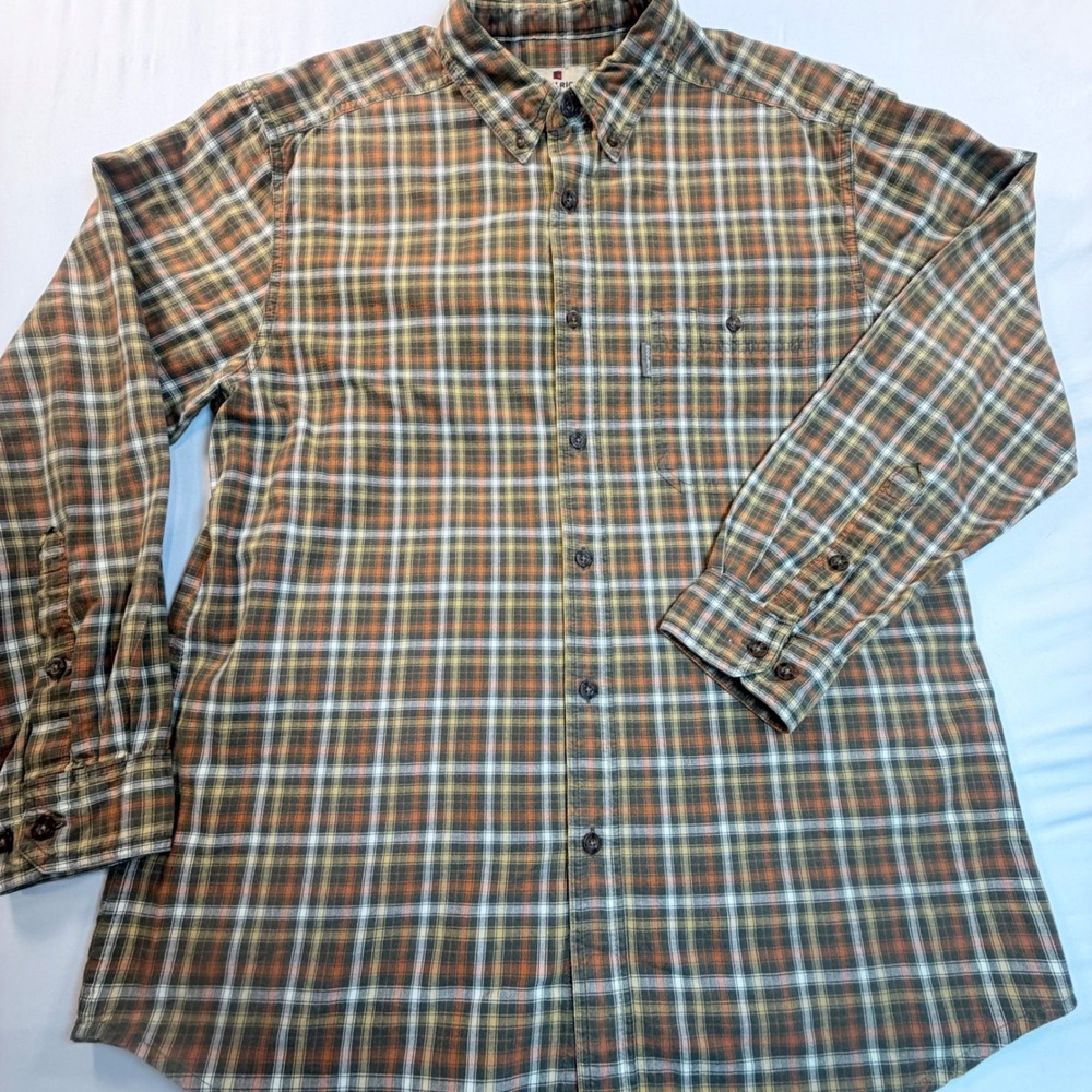 Woolrich Mens Large Plaid Button Down Shirt Cotton Outdoor Flannel Green Brown L